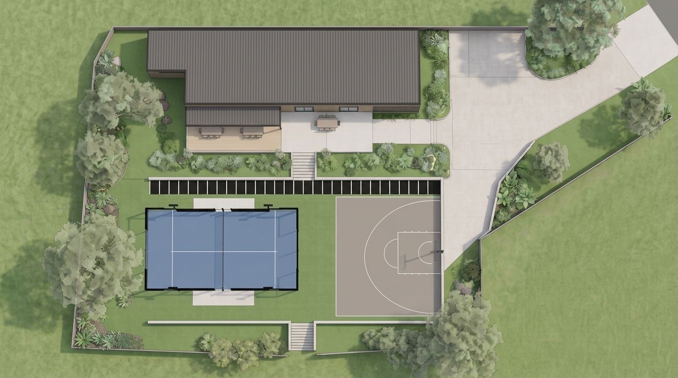 Aerial visualisation of padel and basketball courts beside a residence