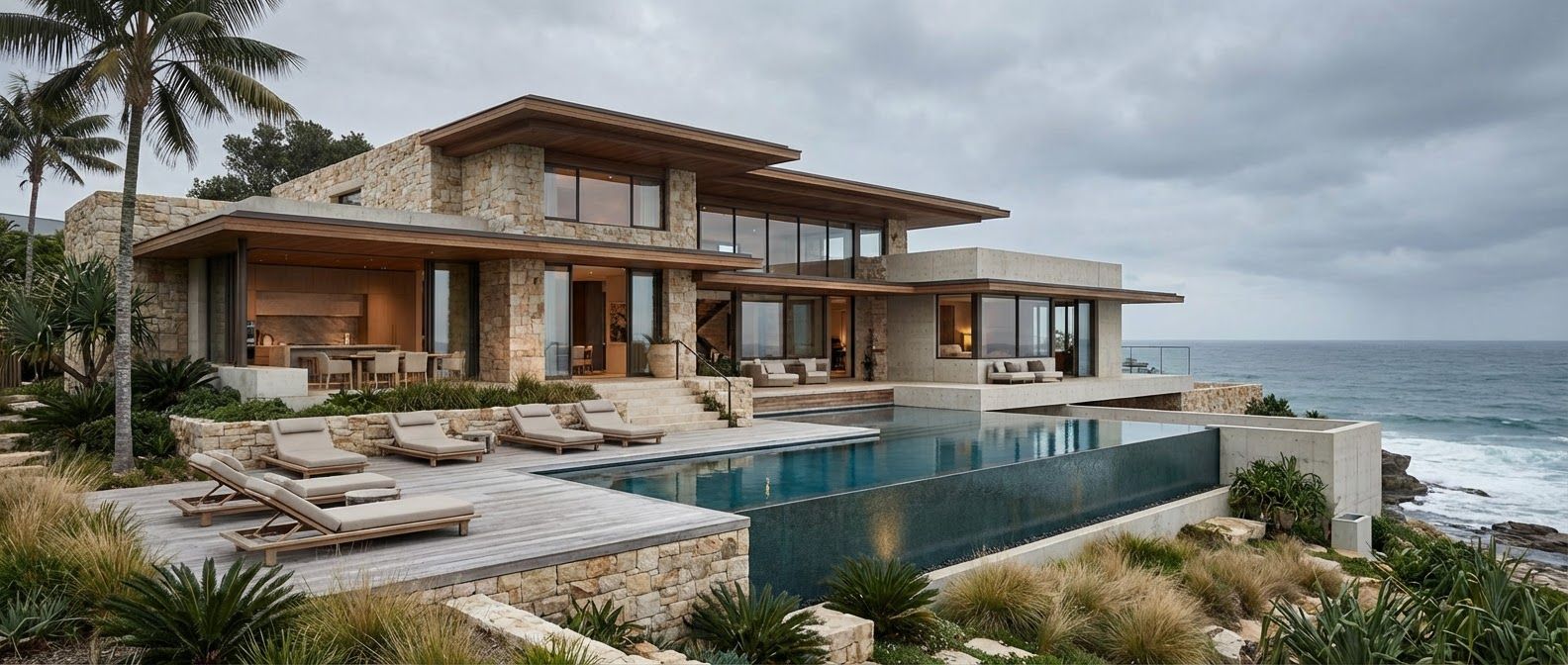 Coastal residence with layered stone and timber forms, an infinity pool and ocean views